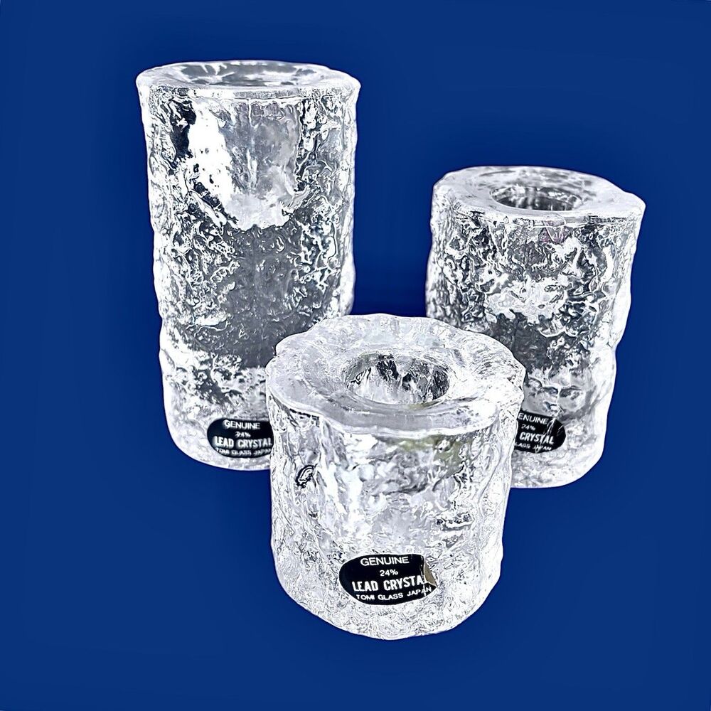 Vintage 70’s Lead Crystal Candle Votives Ice Cube Tomi Glass Japan Set Of 3